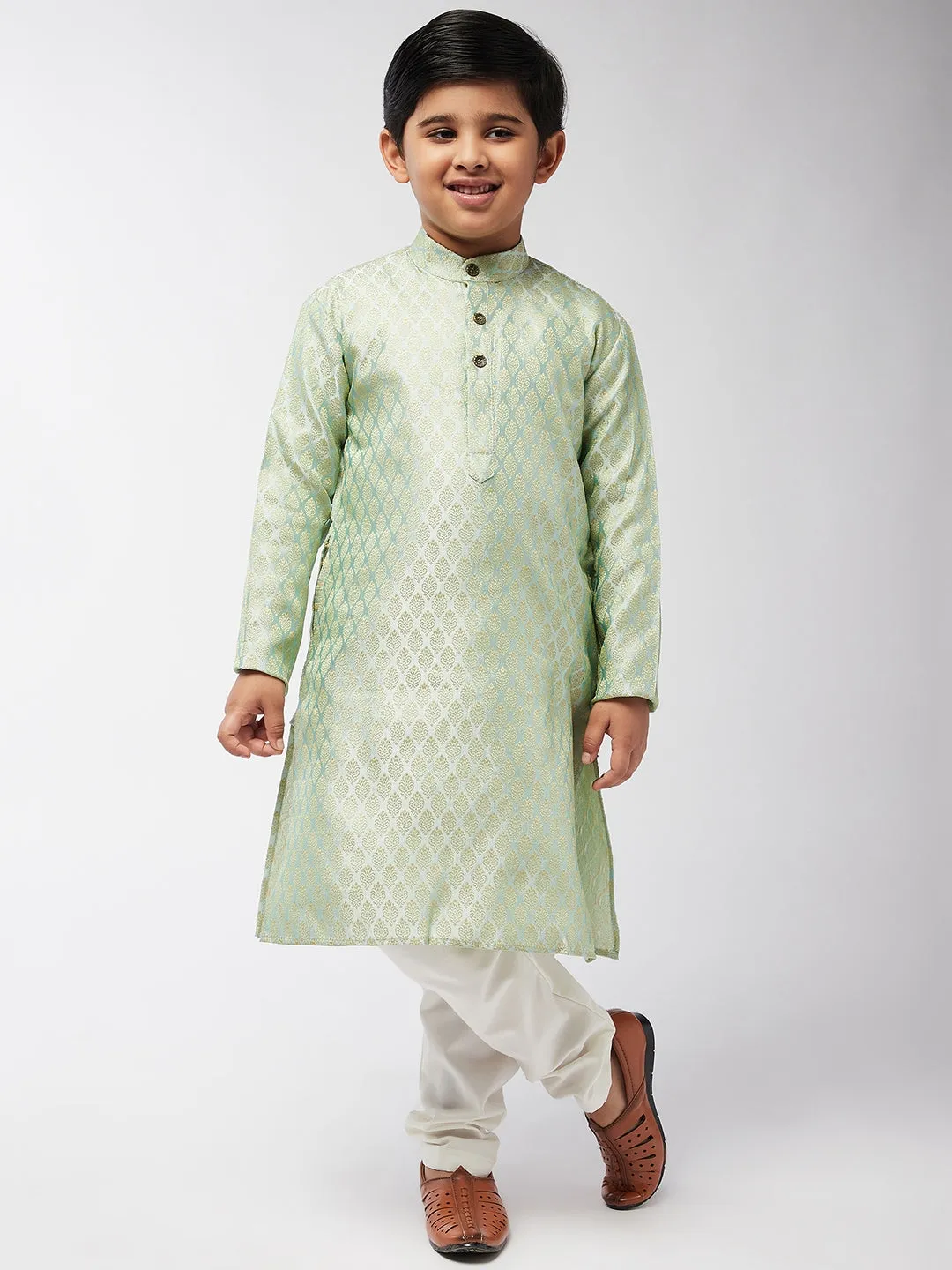 Kid's Jacquard Silk Pista Green Self design Kurta & Off-White Churidar Pyjama Set - Sojanya KID