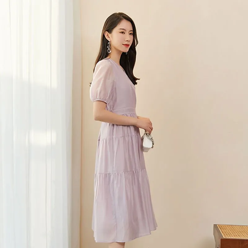 Lavender V Neck High Waist Midi Dress