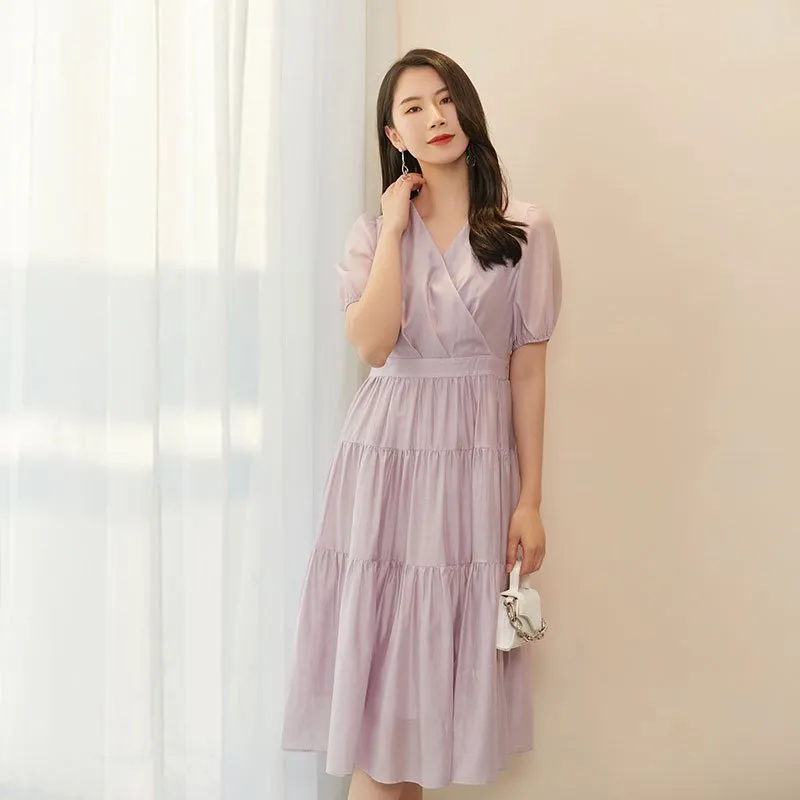 Lavender V Neck High Waist Midi Dress