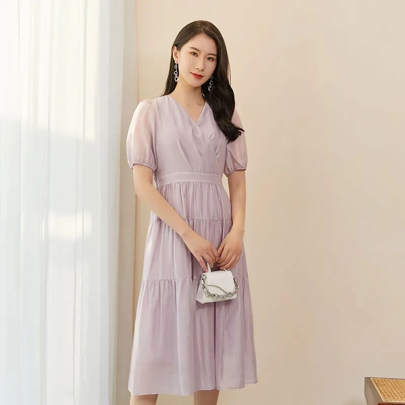 Lavender V Neck High Waist Midi Dress