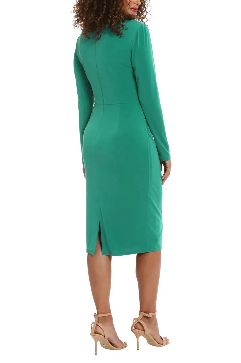 London Times Draped Neckline Slimming Midi Length Jersey Sheath Dress