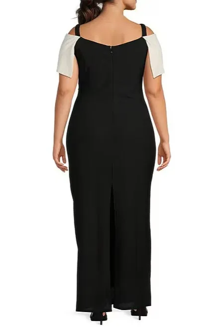 Marina Off-The-Shoulder Short Sleeve Ruched Waist Crepe Sheath Gown (Plus Size)