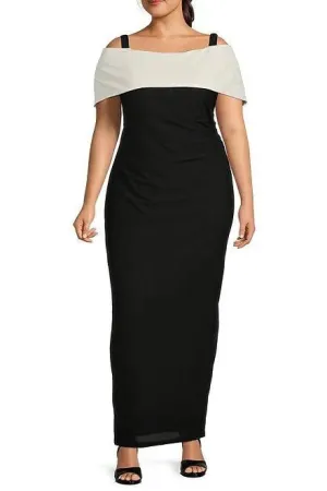 Marina Off-The-Shoulder Short Sleeve Ruched Waist Crepe Sheath Gown (Plus Size)