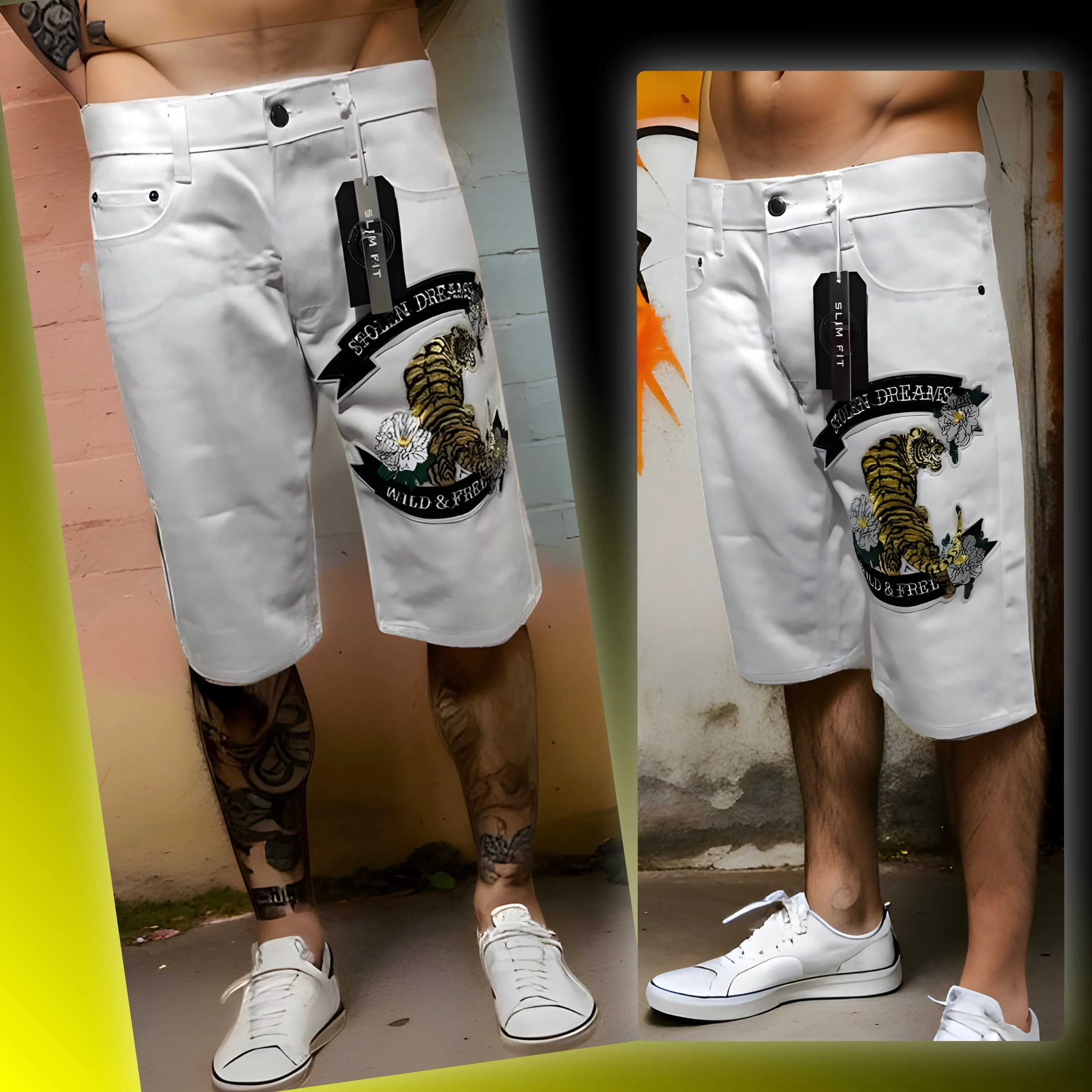 ^MAXI MILIAN^ (WHITE) ~BIG CAT~ DENIM SHORTS (SLIM FIT) (EMBROIDERED)