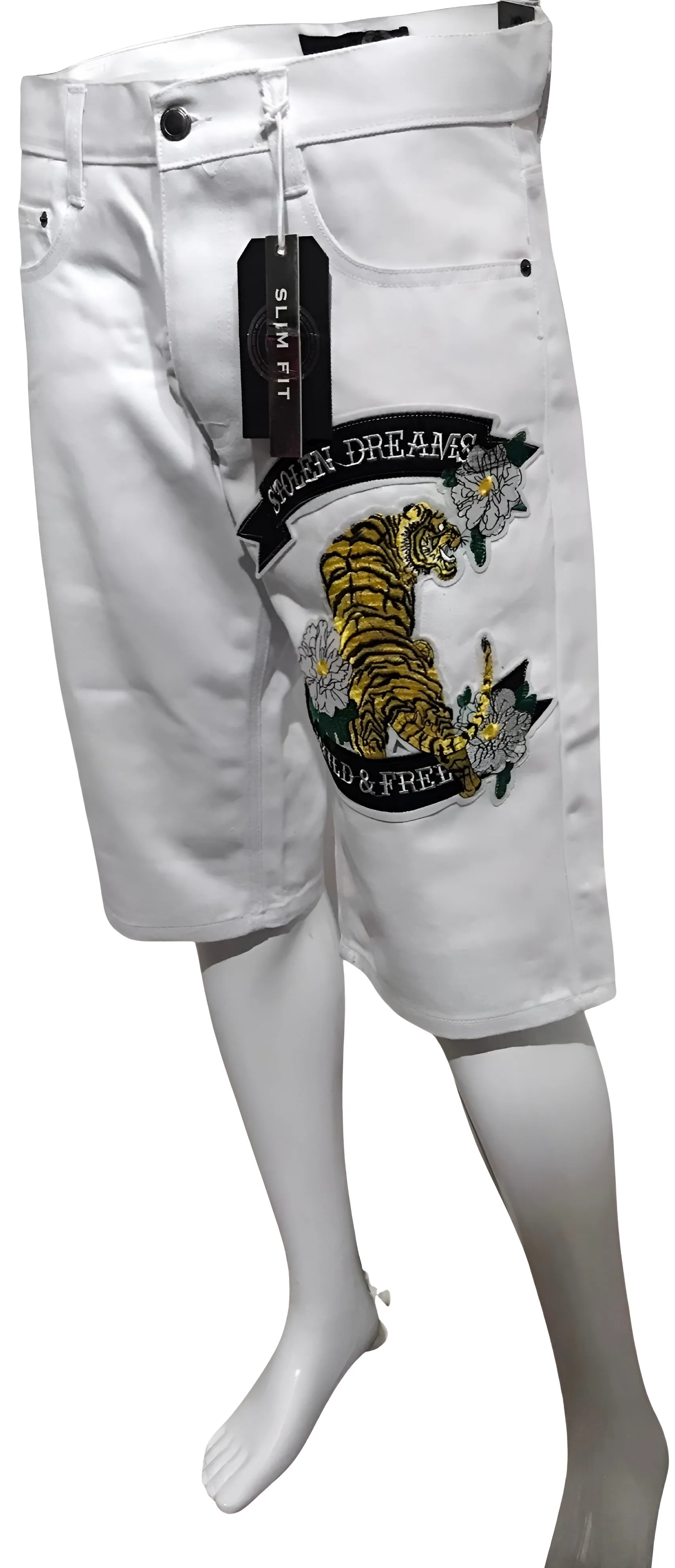 ^MAXI MILIAN^ (WHITE) ~BIG CAT~ DENIM SHORTS (SLIM FIT) (EMBROIDERED)