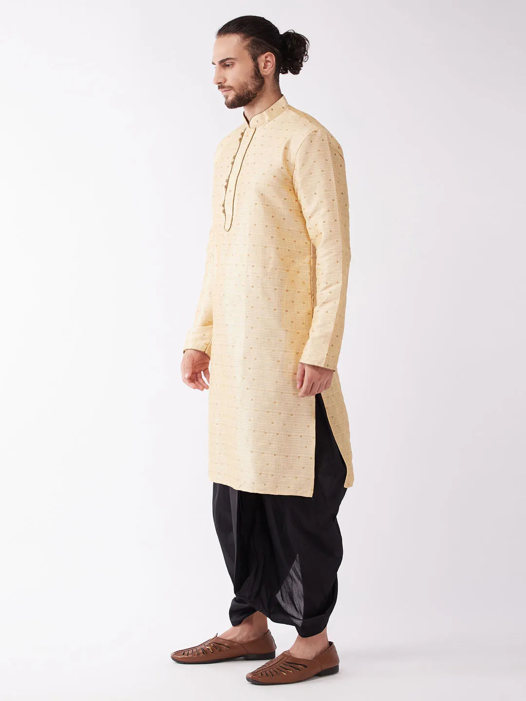 Men's Beige And Black Silk Blend Kurta And Dhoti Set - Vastramay