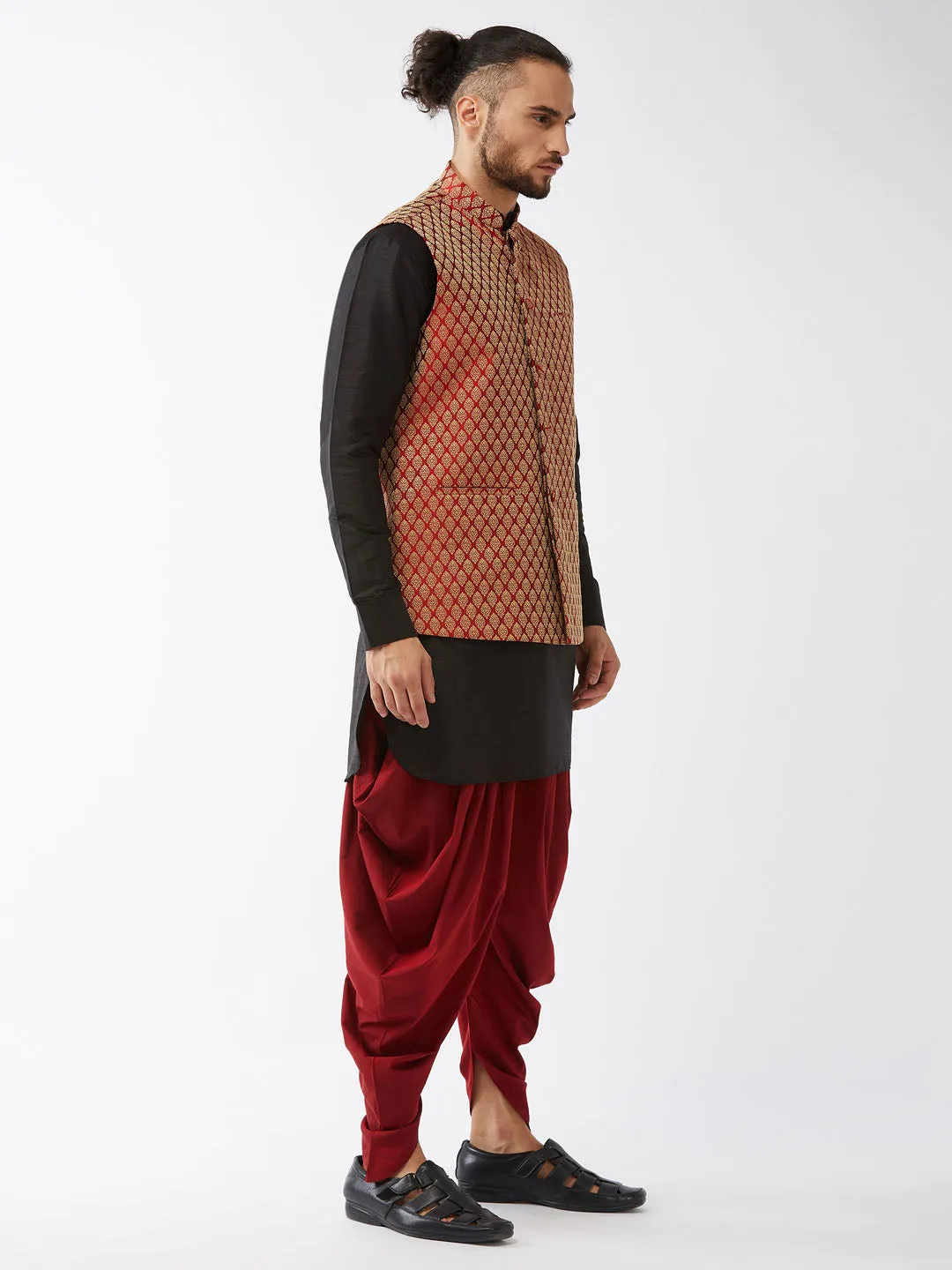 Men's Black And Maroon Silk Blend Jacket, Kurta And Dhoti Set - Vastramay