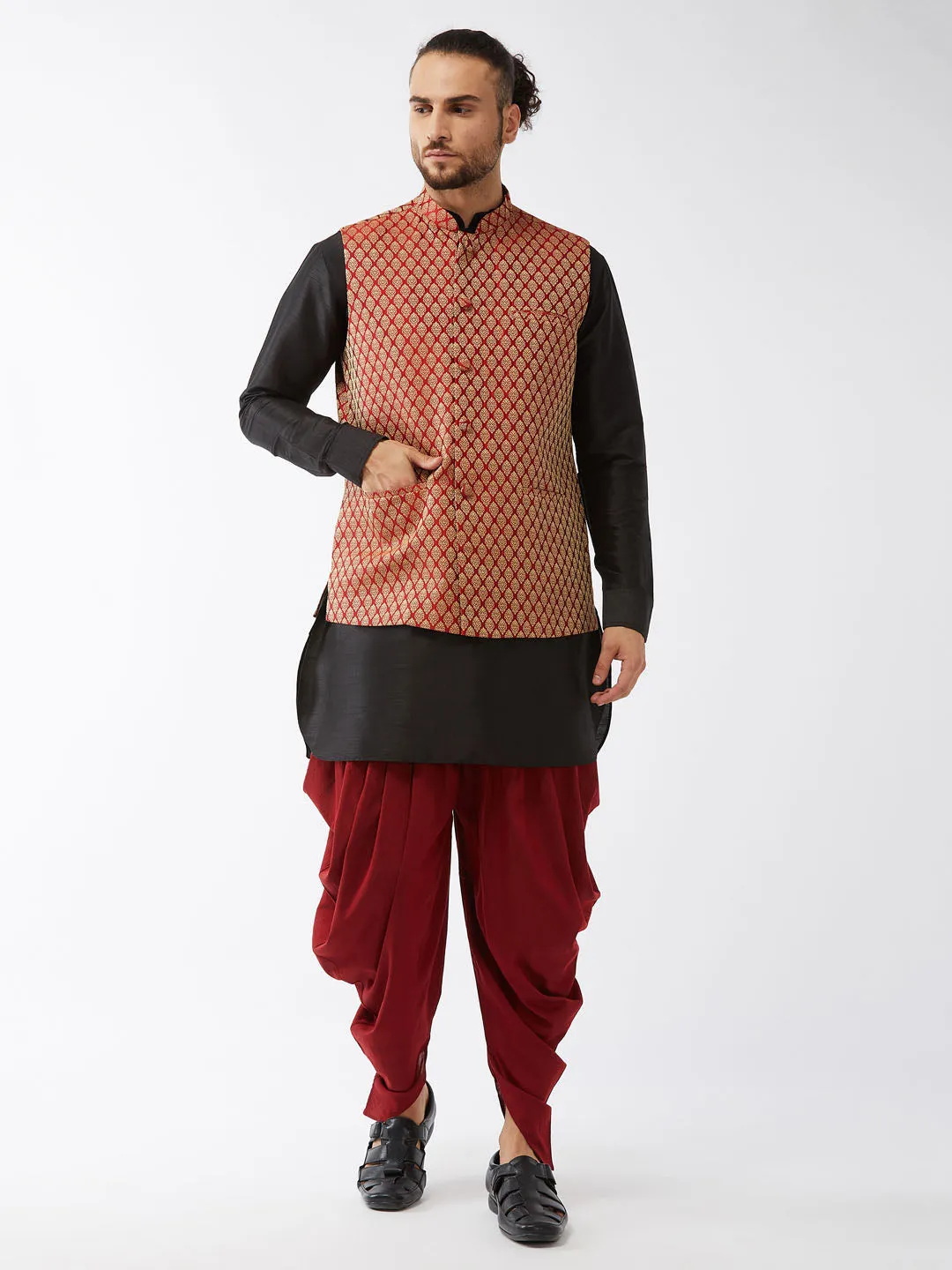 Men's Black And Maroon Silk Blend Jacket, Kurta And Dhoti Set - Vastramay