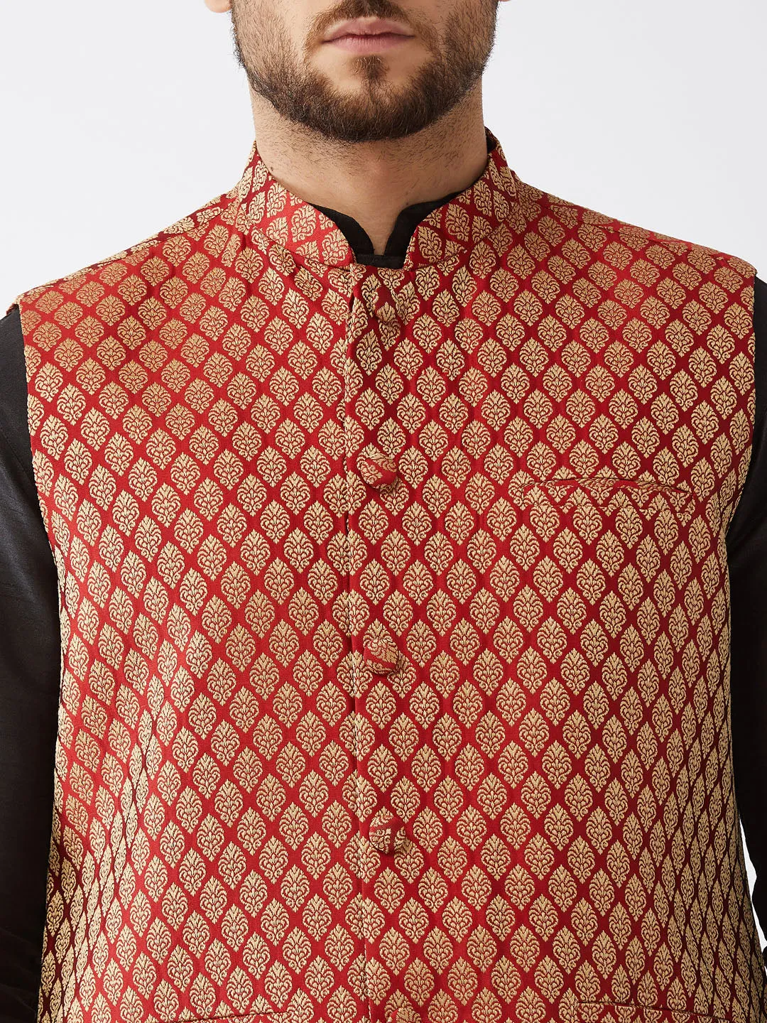 Men's Black And Maroon Silk Blend Jacket, Kurta And Dhoti Set - Vastramay