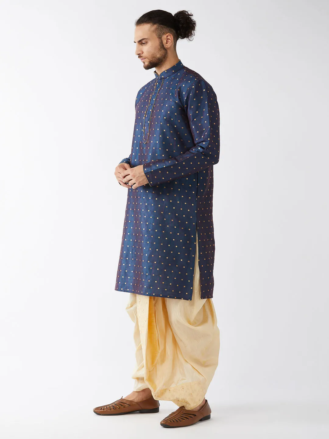 Men's Blue And Gold Silk Blend Kurta And Dhoti Set - Vastramay