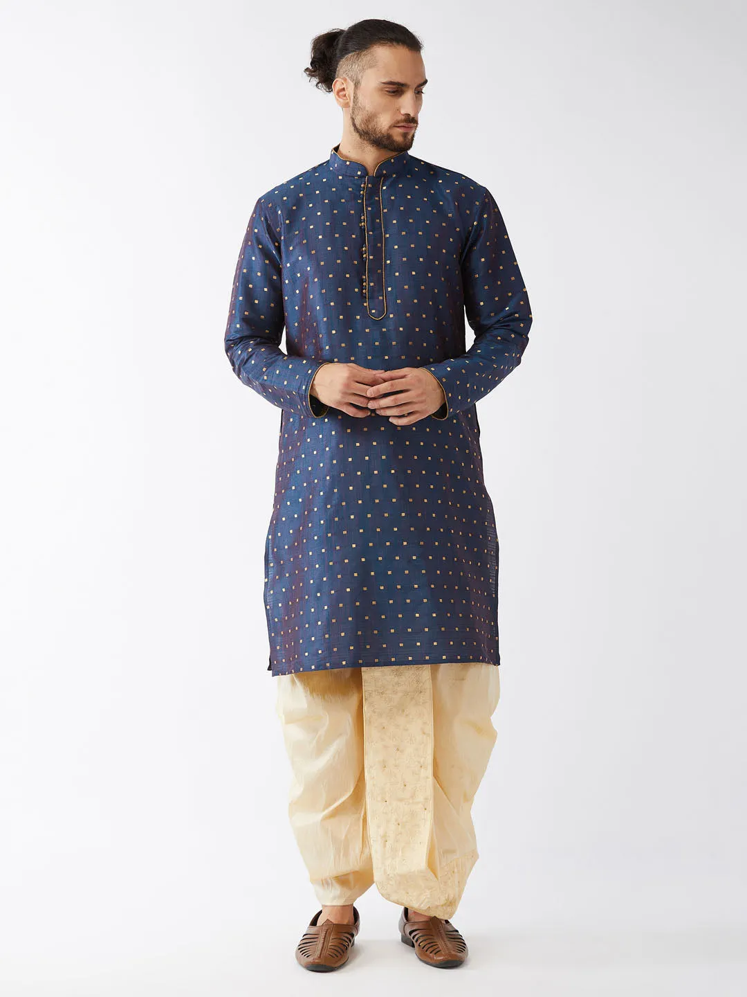 Men's Blue And Gold Silk Blend Kurta And Dhoti Set - Vastramay