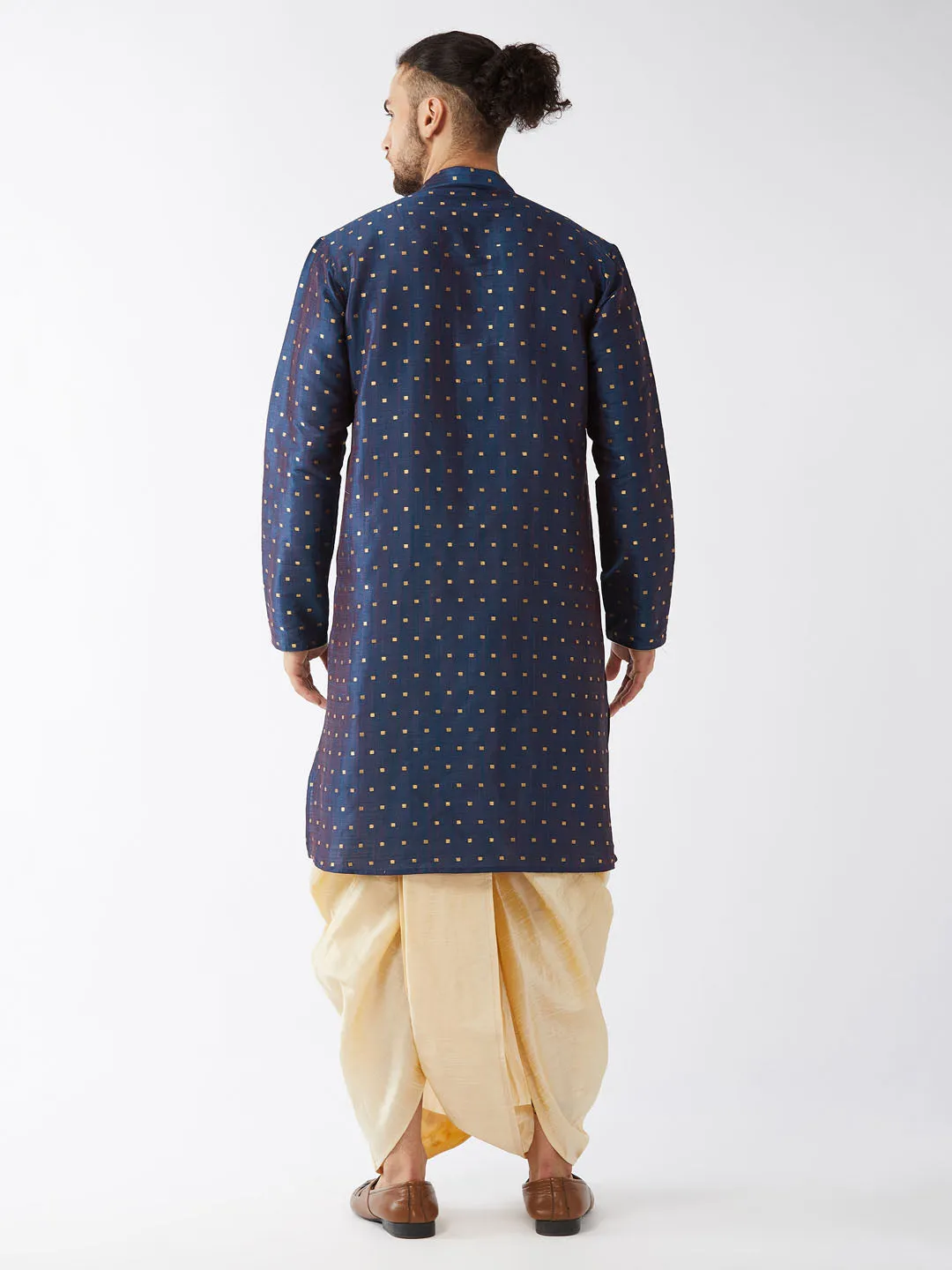 Men's Blue And Gold Silk Blend Kurta And Dhoti Set - Vastramay