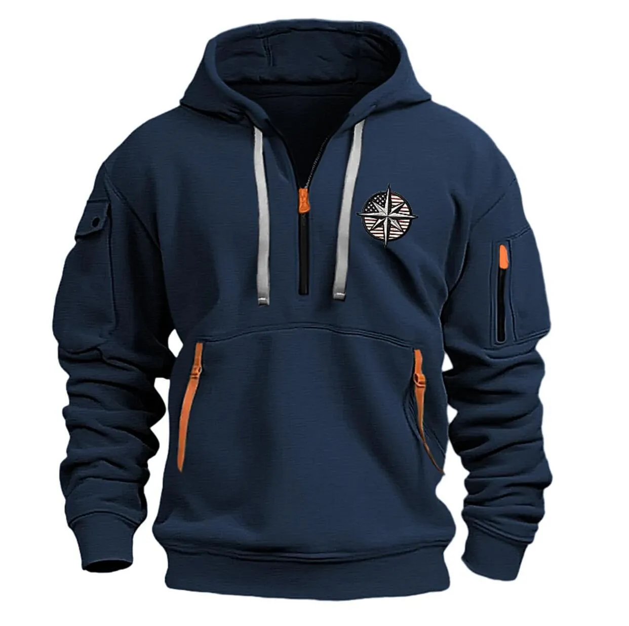 MEN'S CASUAL SPORTS MULTI ZIPPER ARM EMBROIDERY BADGE SWEATSHIRT PULLOVER HOODIE HOODED SWEATSHIRT