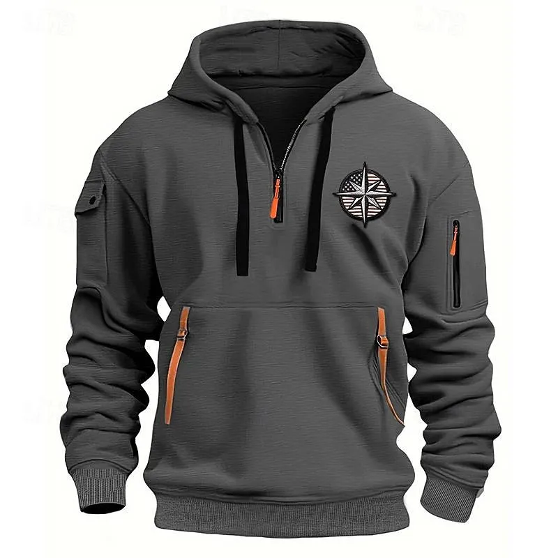 MEN'S CASUAL SPORTS MULTI ZIPPER ARM EMBROIDERY BADGE SWEATSHIRT PULLOVER HOODIE HOODED SWEATSHIRT