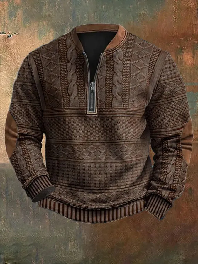 MEN'S IMITATION KNITTED SWEATER FABRIC HALF ZIPPER ROUND NECK SWEATSHIRT