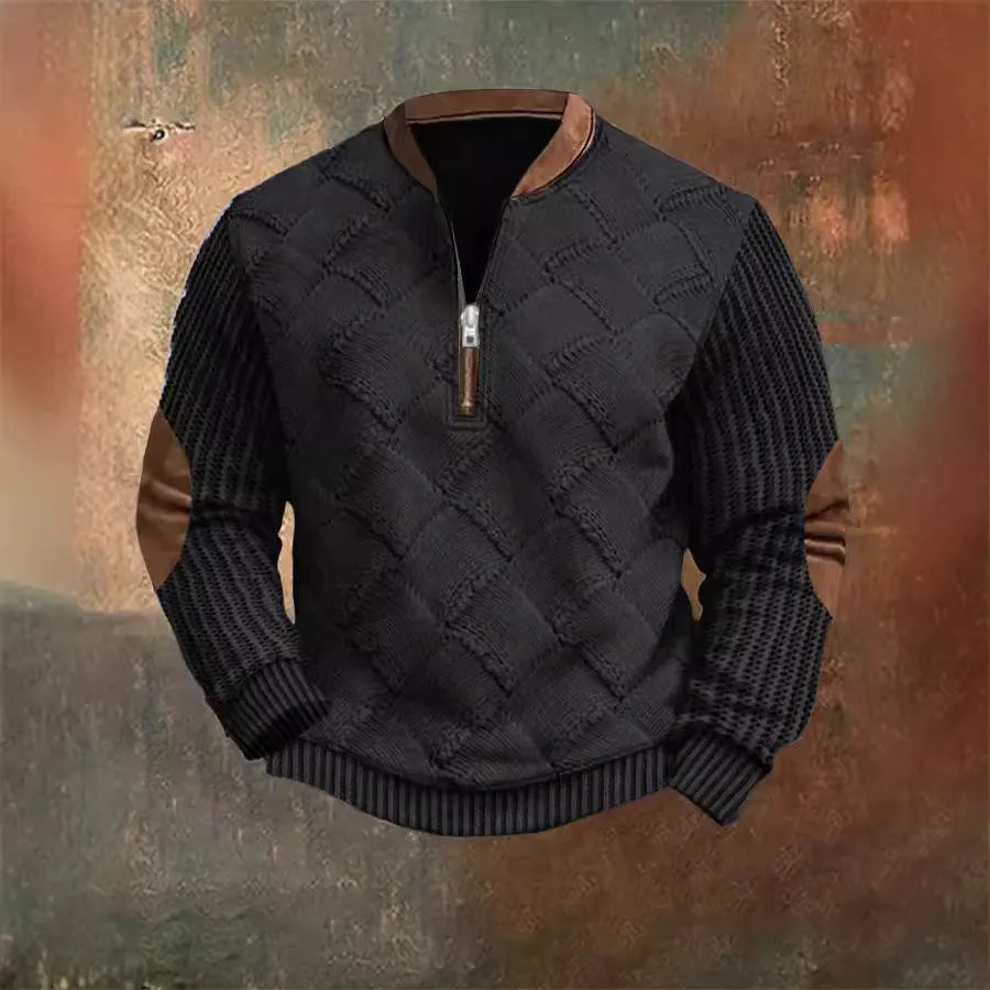 MEN'S IMITATION KNITTED SWEATER FABRIC HALF ZIPPER ROUND NECK SWEATSHIRT