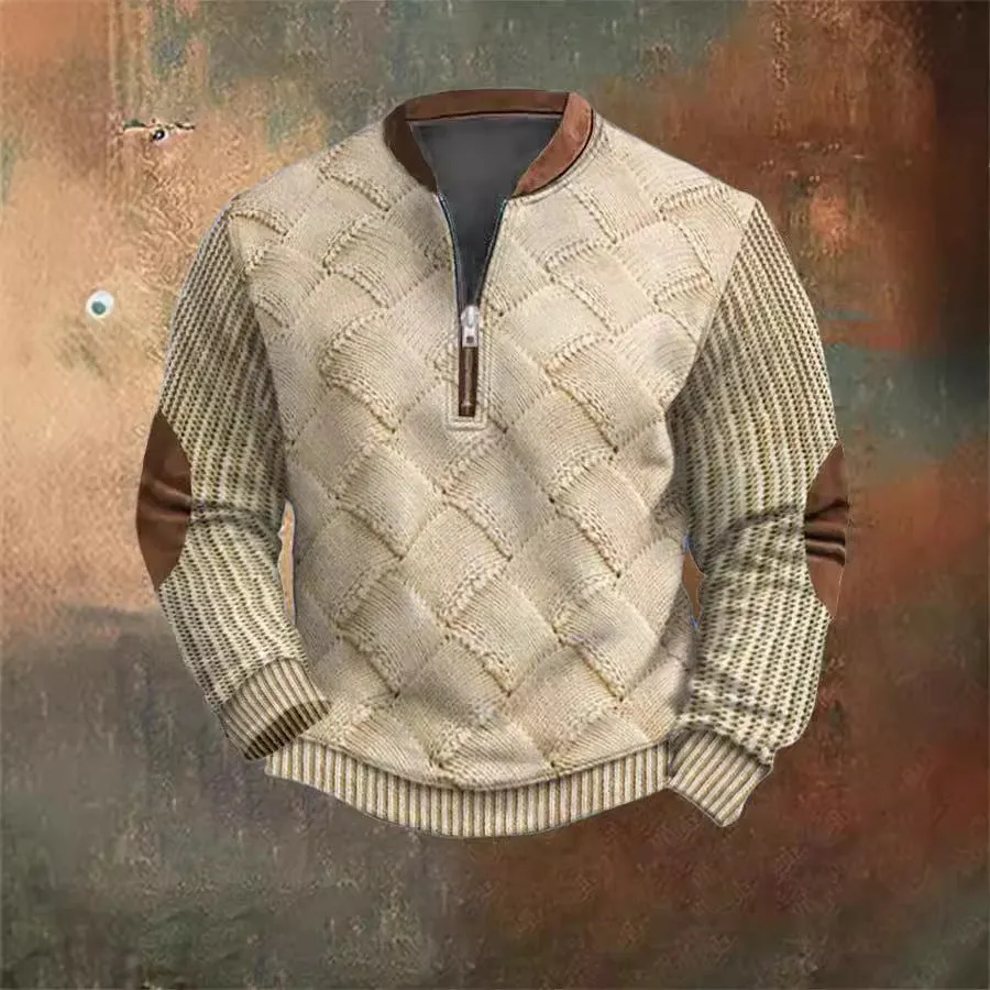 MEN'S IMITATION KNITTED SWEATER FABRIC HALF ZIPPER ROUND NECK SWEATSHIRT