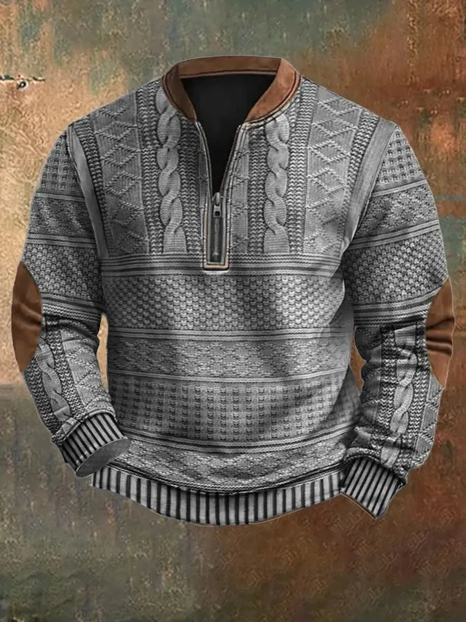 MEN'S IMITATION KNITTED SWEATER FABRIC HALF ZIPPER ROUND NECK SWEATSHIRT