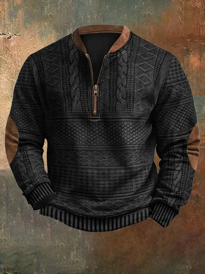 MEN'S IMITATION KNITTED SWEATER FABRIC HALF ZIPPER ROUND NECK SWEATSHIRT