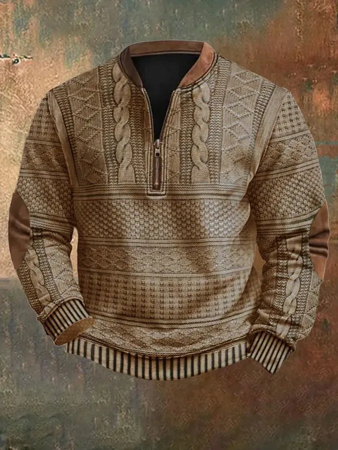 MEN'S IMITATION KNITTED SWEATER FABRIC HALF ZIPPER ROUND NECK SWEATSHIRT