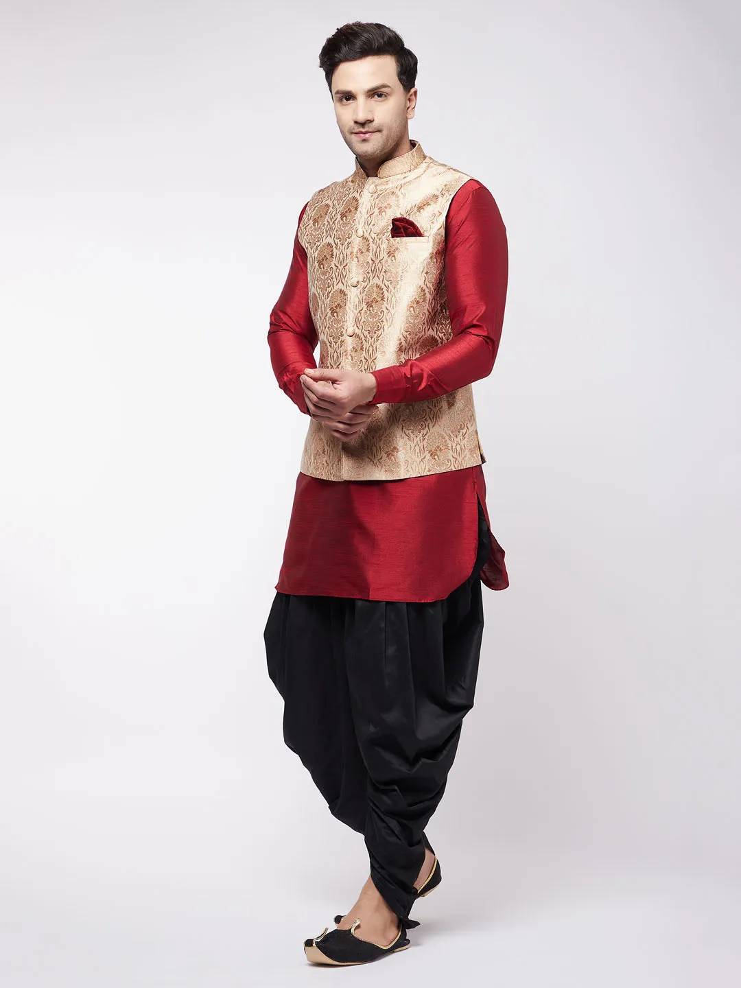 Men's Maroon,Rose Gold And Black Silk Blend Jacket, Kurta And Dhoti Set - Vastramay