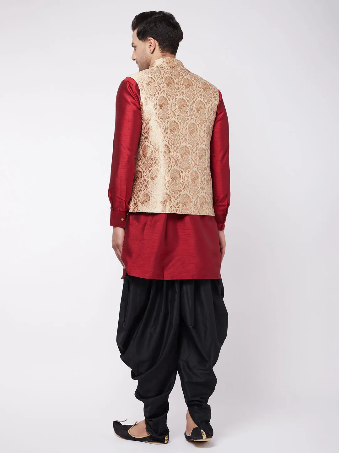 Men's Maroon,Rose Gold And Black Silk Blend Jacket, Kurta And Dhoti Set - Vastramay