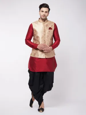 Men's Maroon,Rose Gold And Black Silk Blend Jacket, Kurta And Dhoti Set - Vastramay