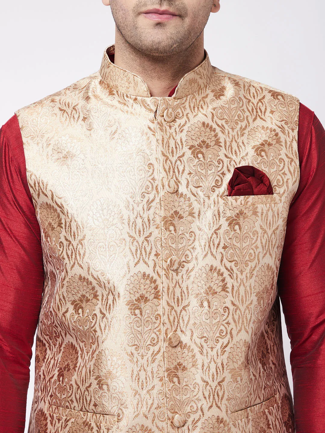 Men's Maroon,Rose Gold And Black Silk Blend Jacket, Kurta And Dhoti Set - Vastramay