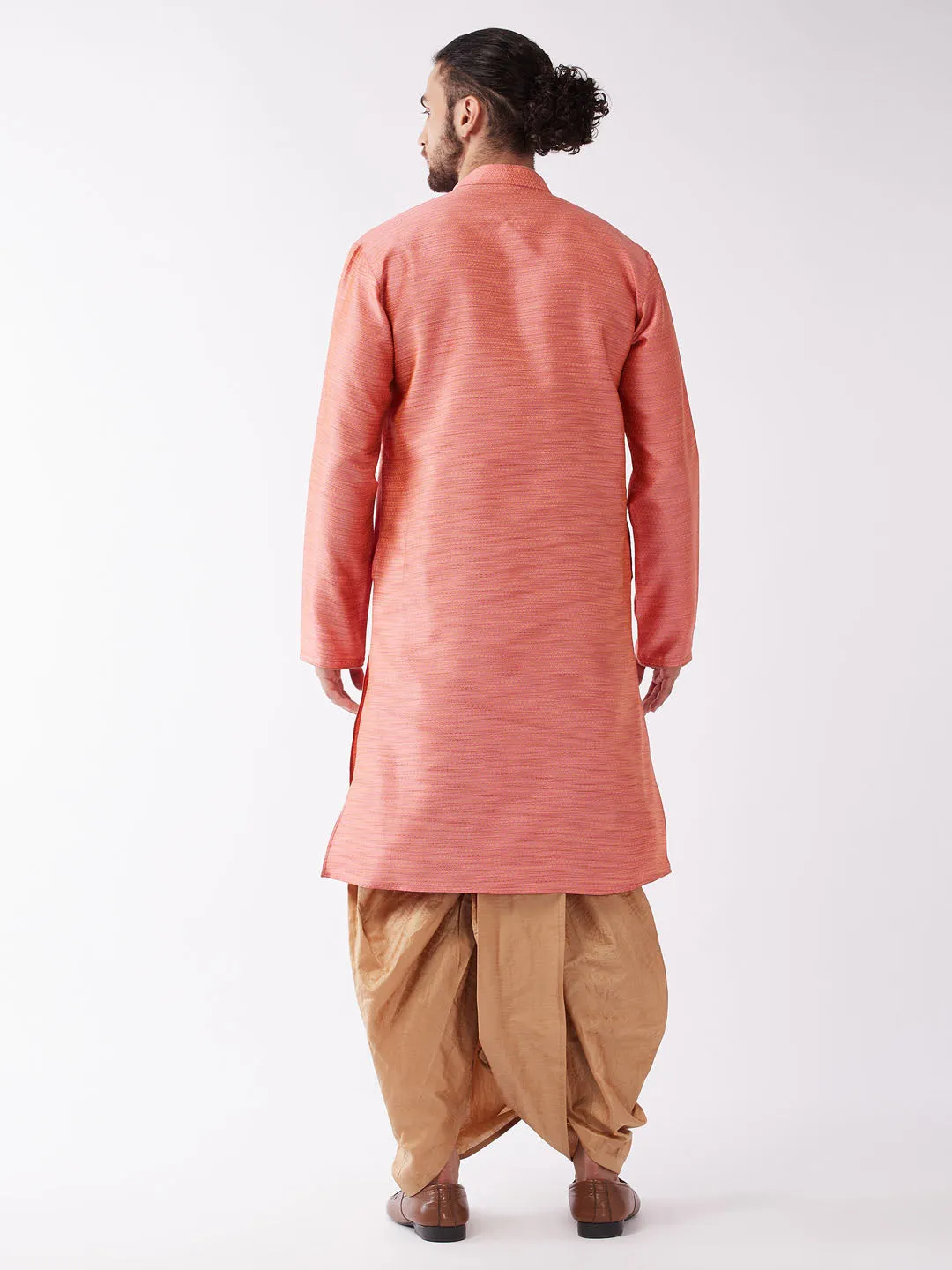 Men's Pink And Rose Gold Silk Blend Kurta And Dhoti Set - Vastramay