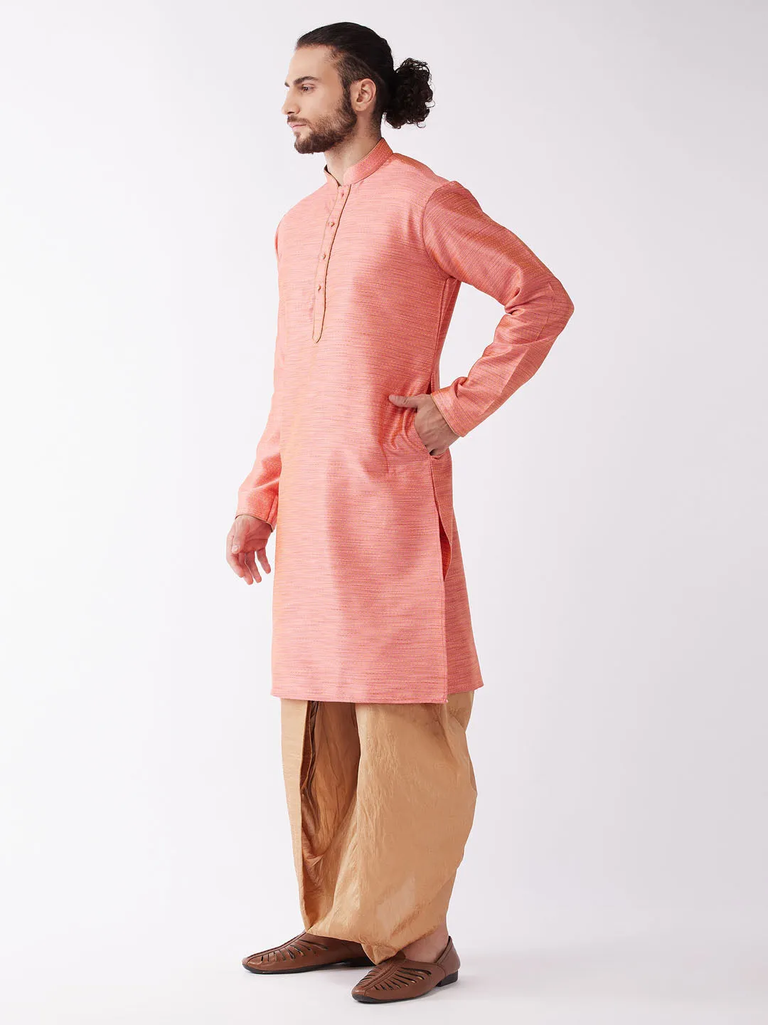 Men's Pink And Rose Gold Silk Blend Kurta And Dhoti Set - Vastramay