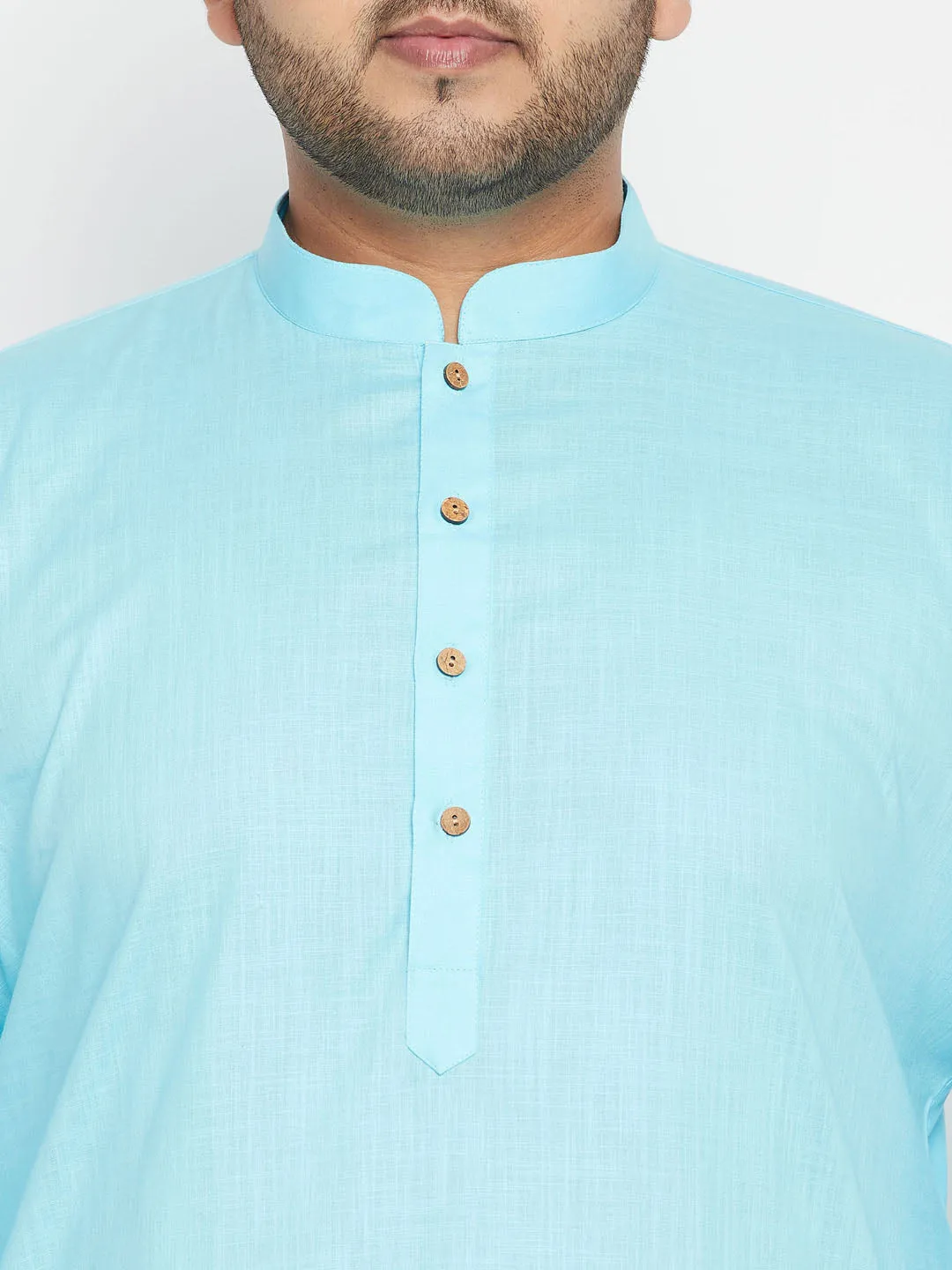 Men's Plus Aqua Blue, Orange And White Cotton Blend Jacket Kurta Pyjama Set - Vastramay