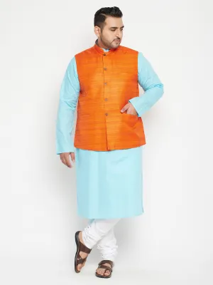 Men's Plus Aqua Blue, Orange And White Cotton Blend Jacket Kurta Pyjama Set - Vastramay