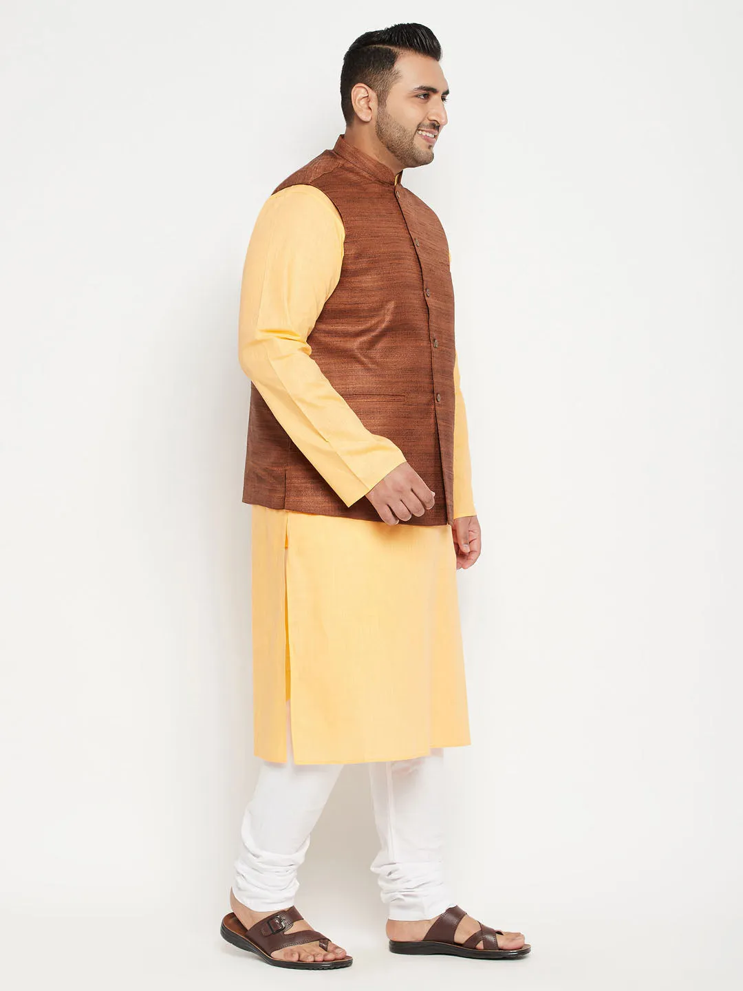 Men's Plus Fawn, Coffee Brown And White Cotton Blend Jacket Kurta Pyjama Set - Vastramay