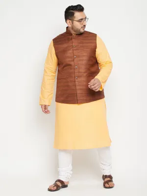 Men's Plus Fawn, Coffee Brown And White Cotton Blend Jacket Kurta Pyjama Set - Vastramay