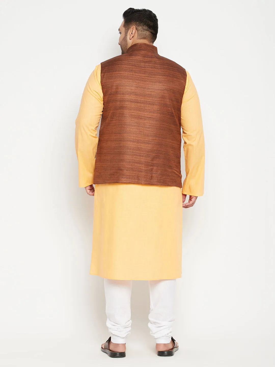 Men's Plus Fawn, Coffee Brown And White Cotton Blend Jacket Kurta Pyjama Set - Vastramay