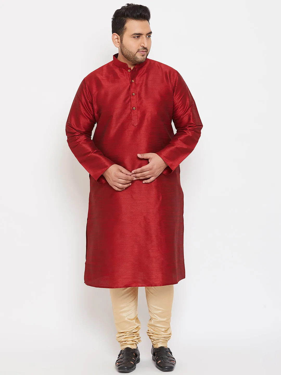 Men's Plus Maroon And Gold Silk Blend Kurta Pyjama Set - Vastramay