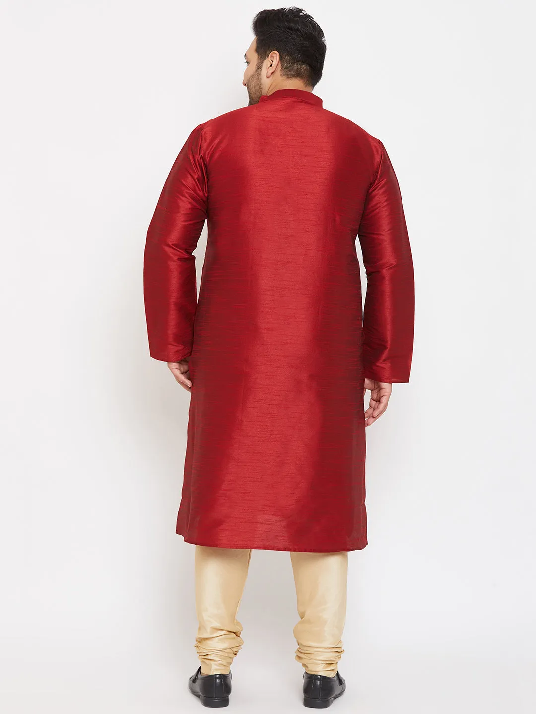 Men's Plus Maroon And Gold Silk Blend Kurta Pyjama Set - Vastramay