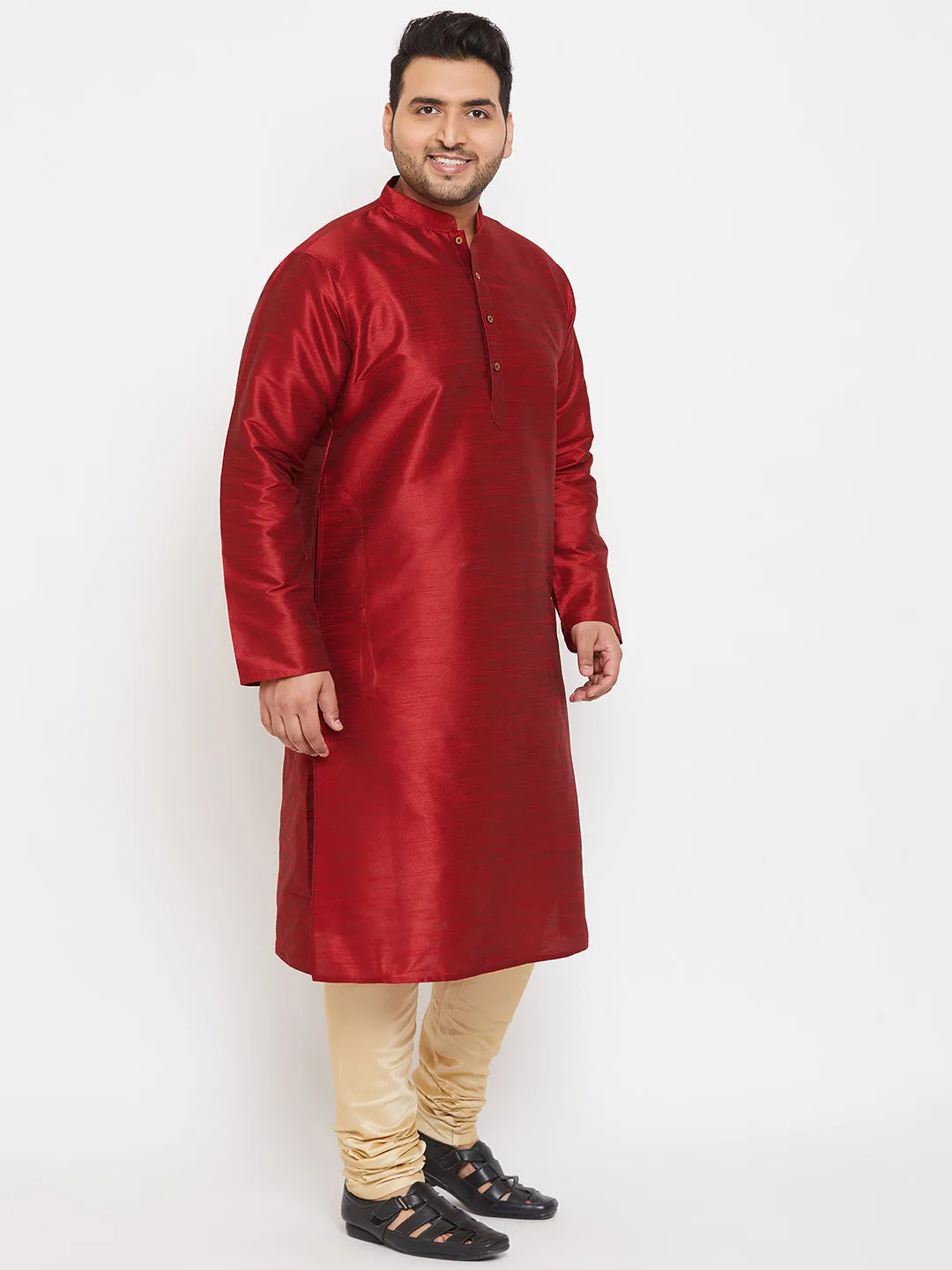 Men's Plus Maroon And Gold Silk Blend Kurta Pyjama Set - Vastramay