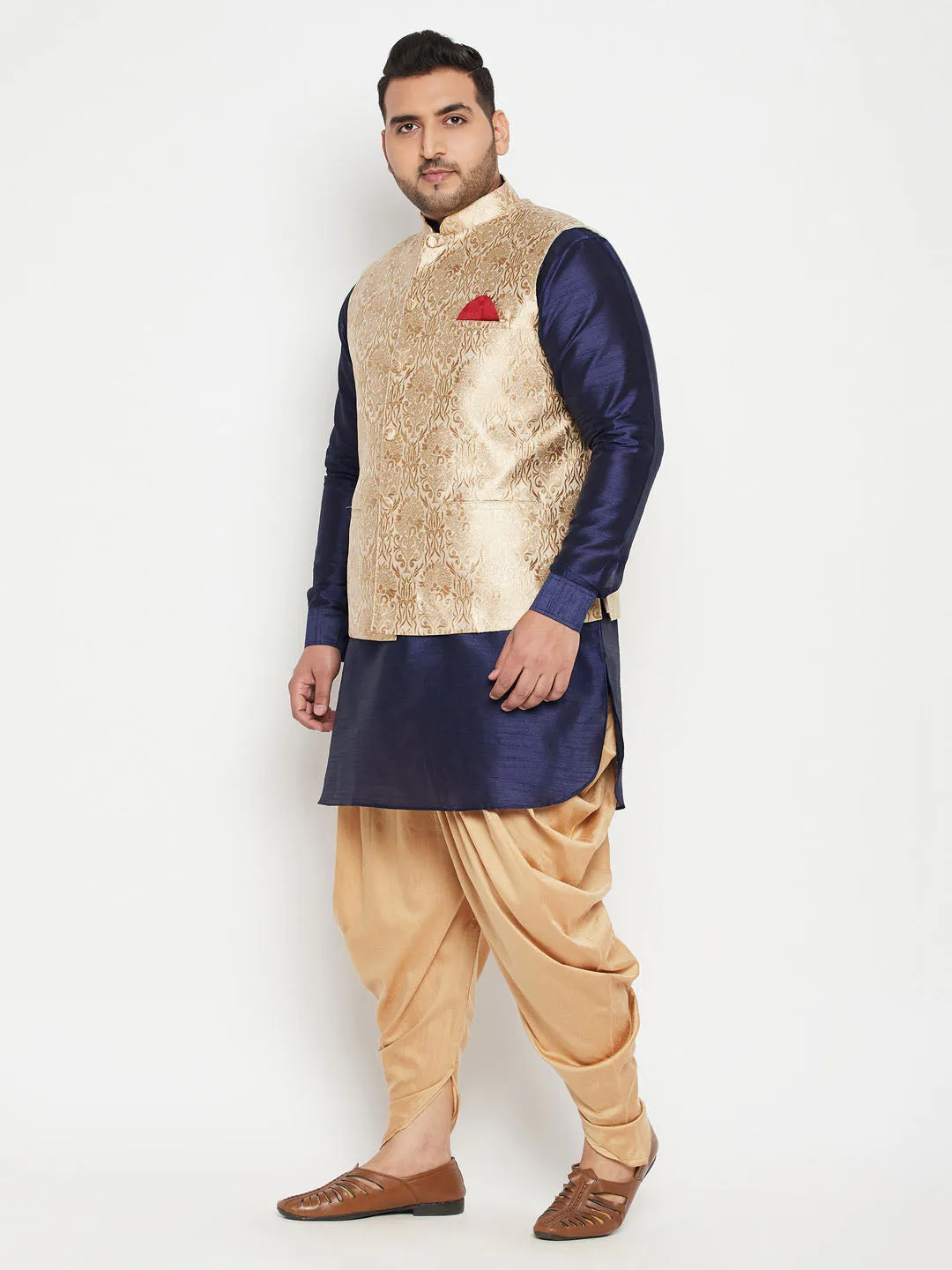 Men's Plus Navy Blue, Rose Gold And White Silk Blend Jacket Kurta Pyjama Set - Vastramay