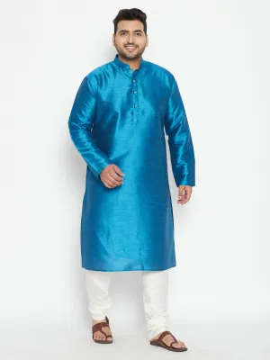 Men's Plus Turquoise And Cream Silk Blend Kurta Pyjama Set - Vastramay