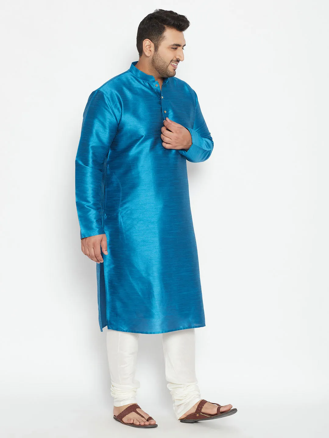 Men's Plus Turquoise And Cream Silk Blend Kurta Pyjama Set - Vastramay