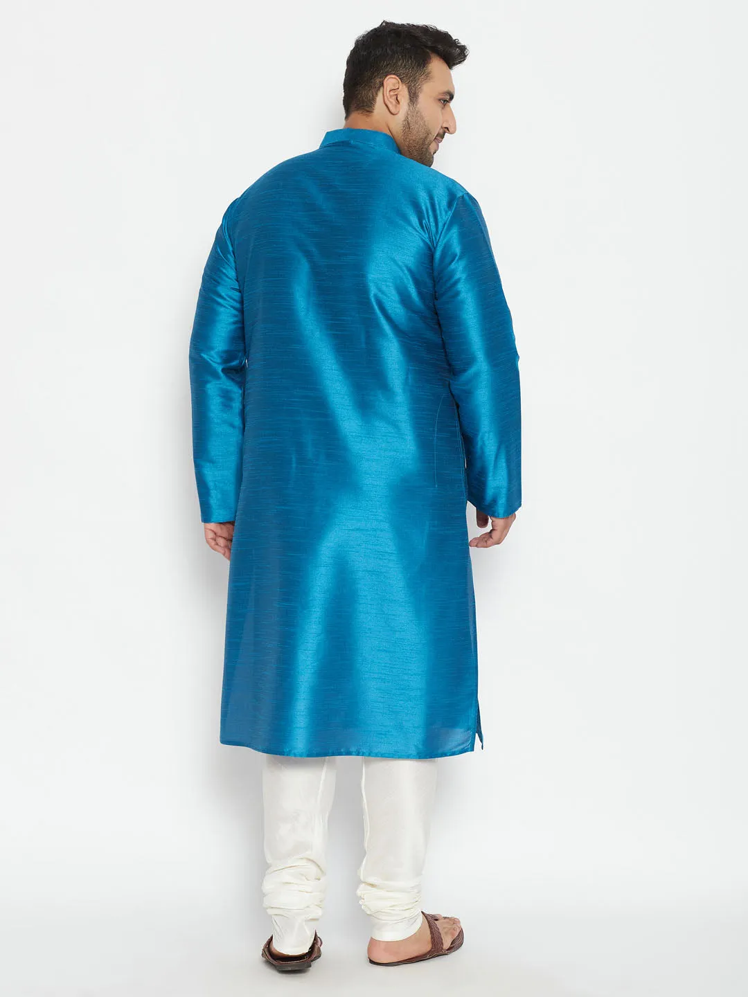 Men's Plus Turquoise And Cream Silk Blend Kurta Pyjama Set - Vastramay