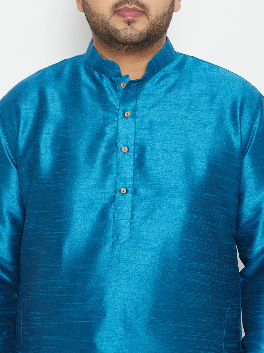 Men's Plus Turquoise And Cream Silk Blend Kurta Pyjama Set - Vastramay