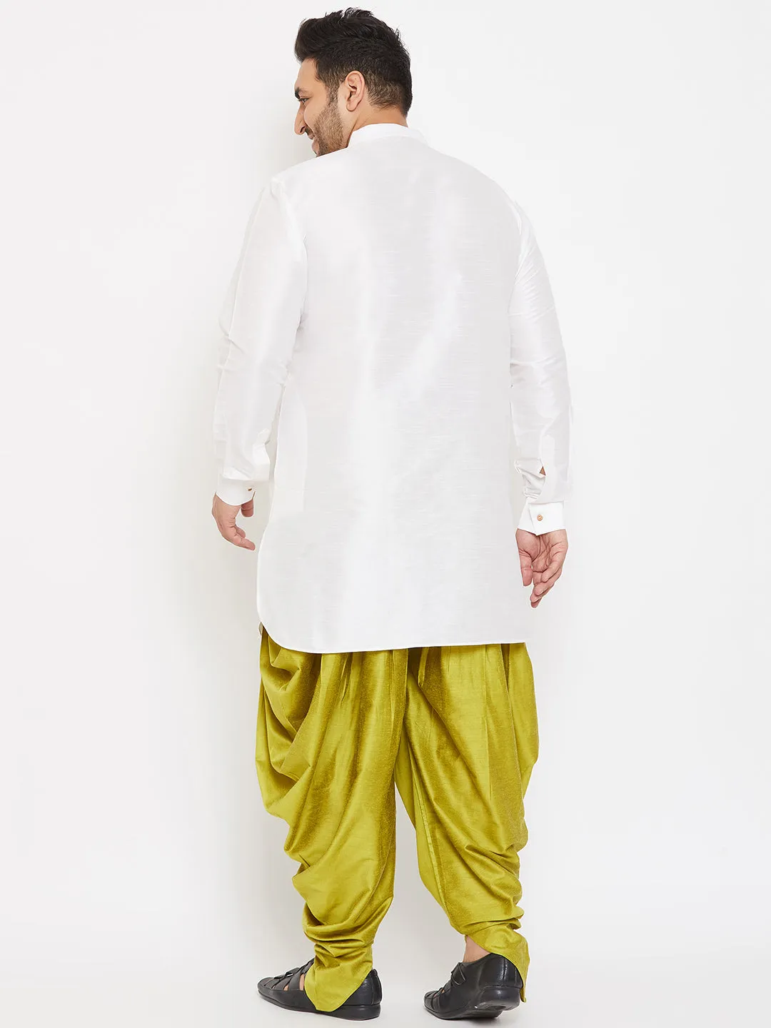 Men's Plus White And Cyan Green Silk Blend Kurta And Dhoti Set - Vastramay