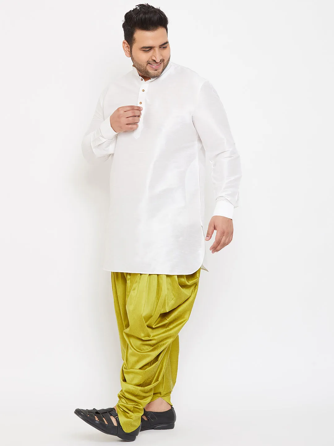 Men's Plus White And Cyan Green Silk Blend Kurta And Dhoti Set - Vastramay