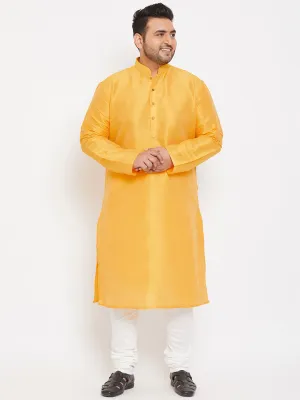 Men's Plus Yellow And White Silk Blend Kurta Pyjama Set - Vastramay