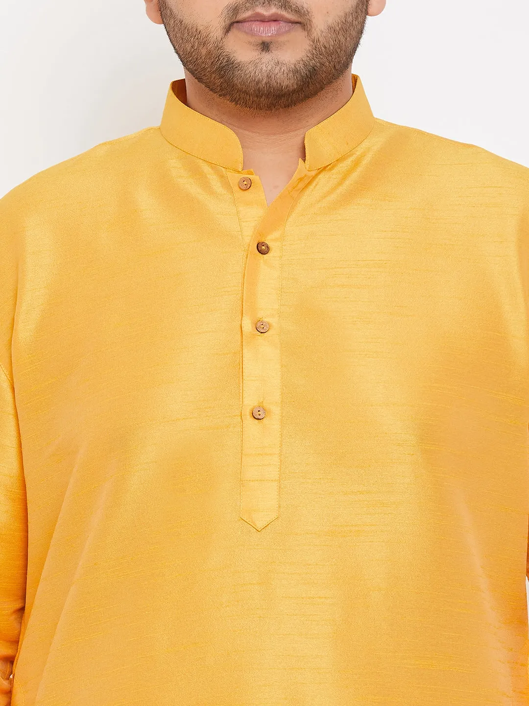 Men's Plus Yellow And White Silk Blend Kurta Pyjama Set - Vastramay