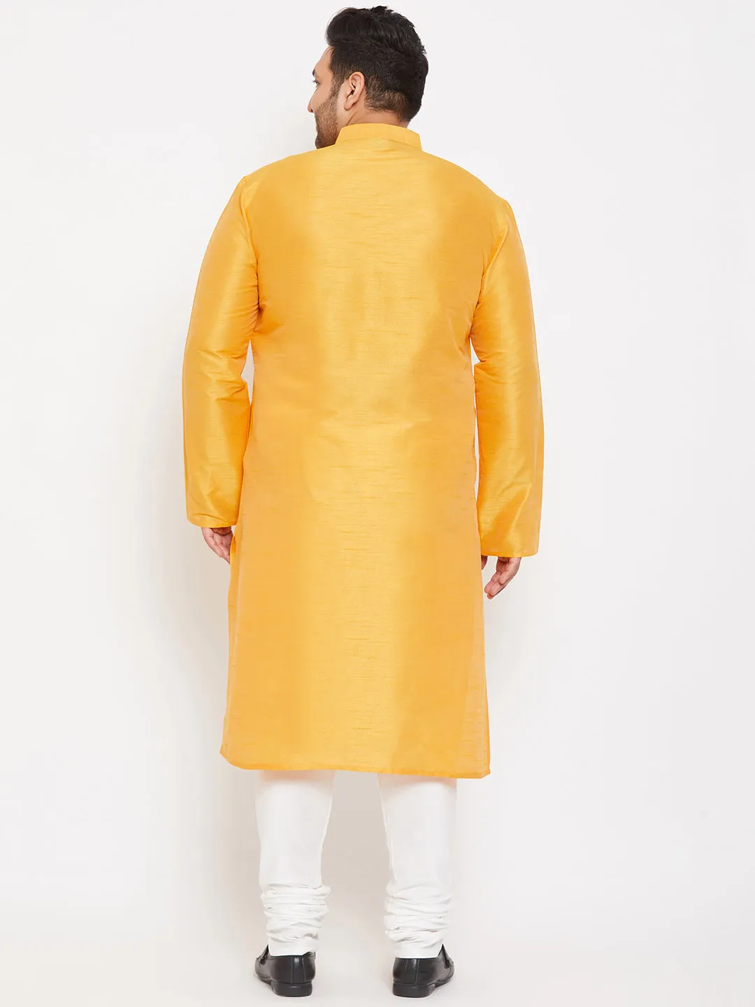 Men's Plus Yellow And White Silk Blend Kurta Pyjama Set - Vastramay