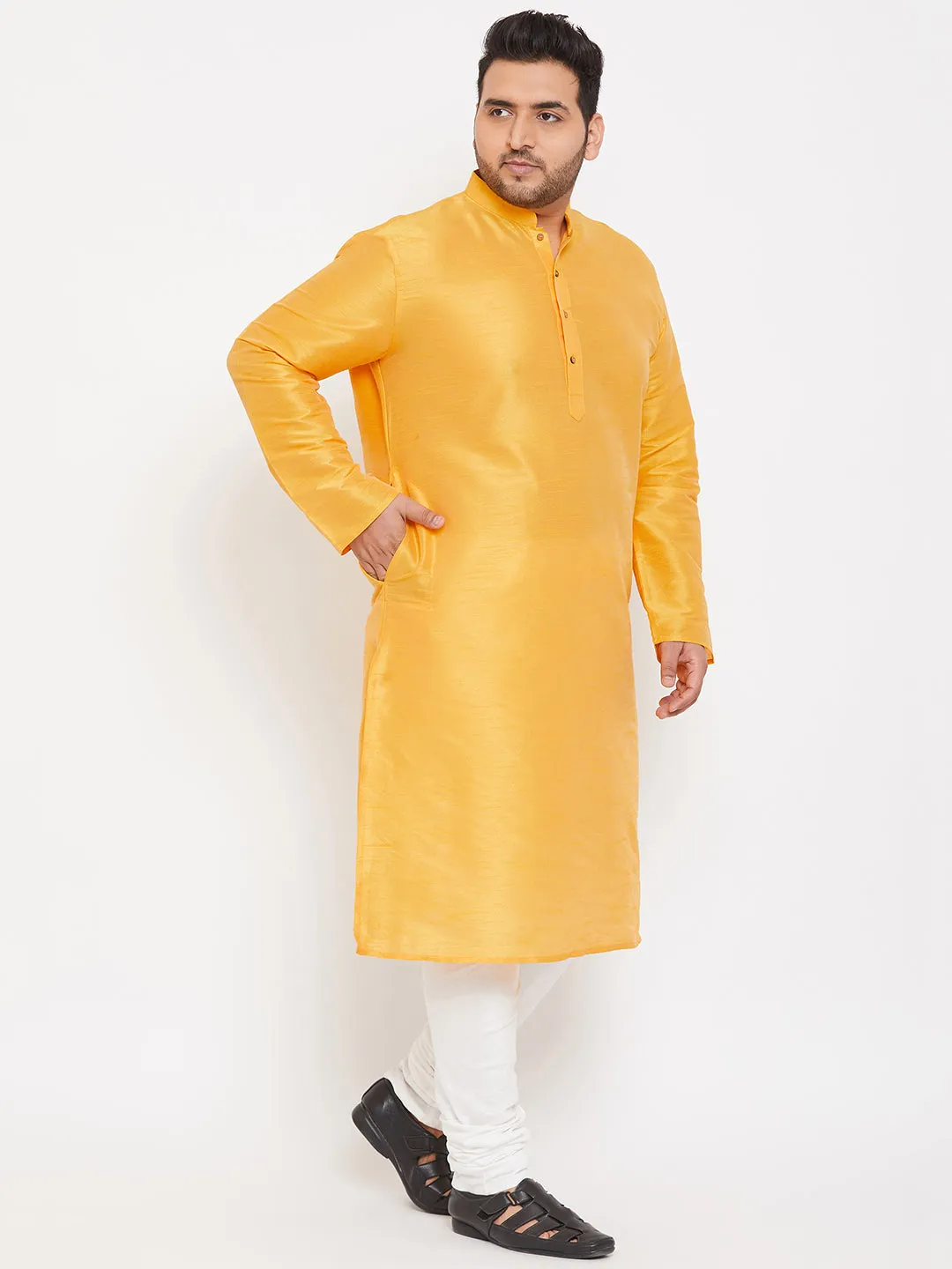 Men's Plus Yellow And White Silk Blend Kurta Pyjama Set - Vastramay