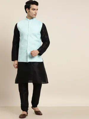 Men's Silk Blend Black Kurta Pyjama & Cotton Linen Sky Blue Solid Nehrujacket - Sojanya